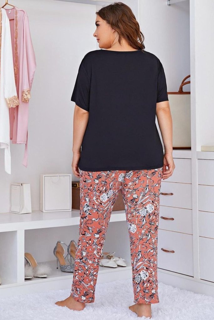 Plus Size Contrast Round Neck Tee and Floral Pants Lounge Set - Black/Orange by Trendsi from FREYA’S CLOSET