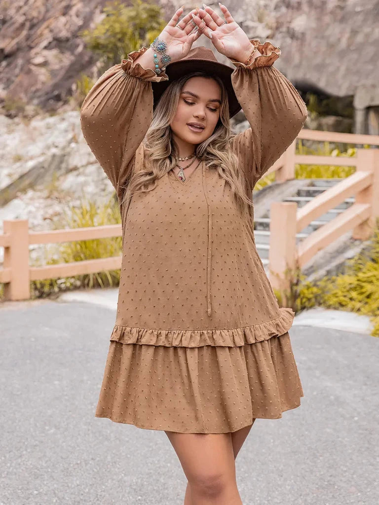 Plus Size Dot Flounce Sleeve Mini Dress - Tan by Trendsi from FREYA’S CLOSET