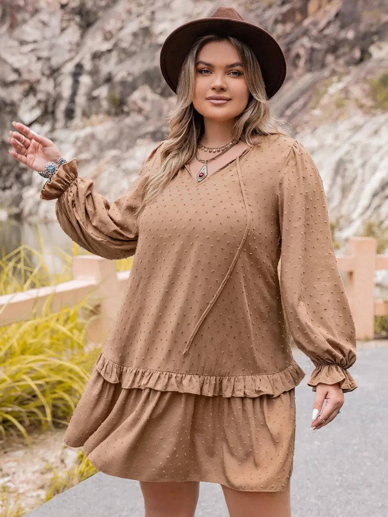 Plus Size Dot Flounce Sleeve Mini Dress - Tan by Trendsi from FREYA’S CLOSET