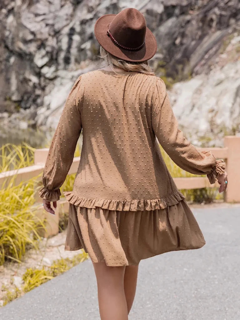 Plus Size Dot Flounce Sleeve Mini Dress - Tan by Trendsi from FREYA’S CLOSET