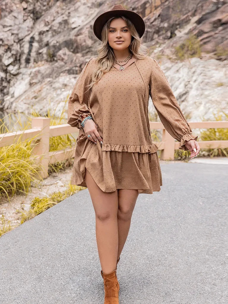 Plus Size Dot Flounce Sleeve Mini Dress - Tan by Trendsi from FREYA’S CLOSET