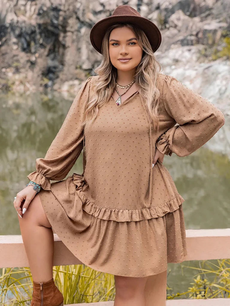 Plus Size Dot Flounce Sleeve Mini Dress - Tan by Trendsi from FREYA’S CLOSET