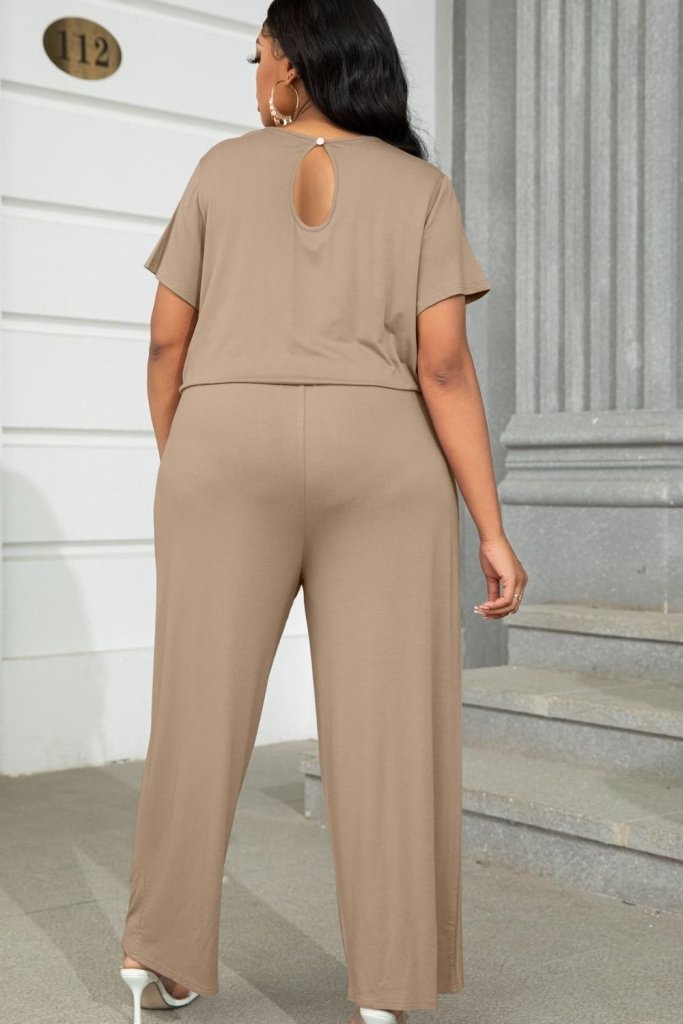 Plus Size Drawstring Waist Short Sleeve Jumpsuit - Forest by Trendsi from FREYA’S CLOSET