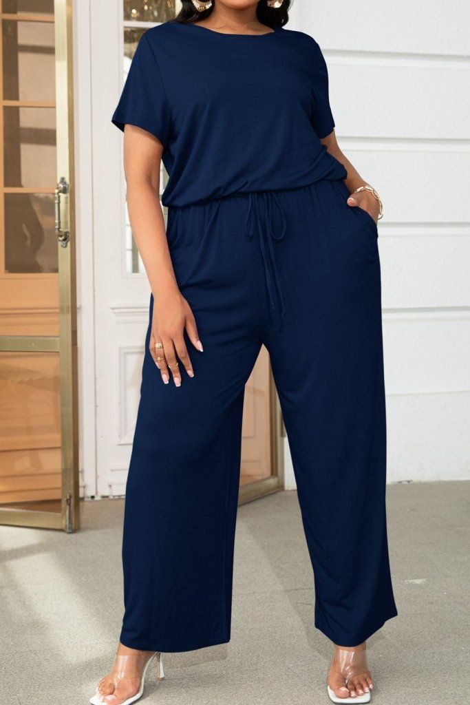 Plus Size Drawstring Waist Short Sleeve Jumpsuit - Forest by Trendsi from FREYA’S CLOSET