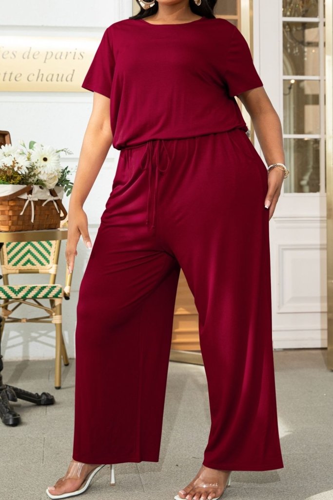 Plus Size Drawstring Waist Short Sleeve Jumpsuit - Forest by Trendsi from FREYA’S CLOSET