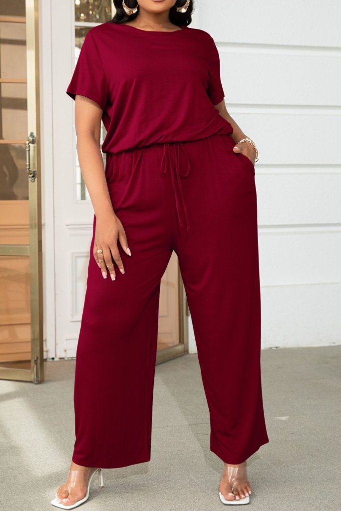Plus Size Drawstring Waist Short Sleeve Jumpsuit - Forest by Trendsi from FREYA’S CLOSET