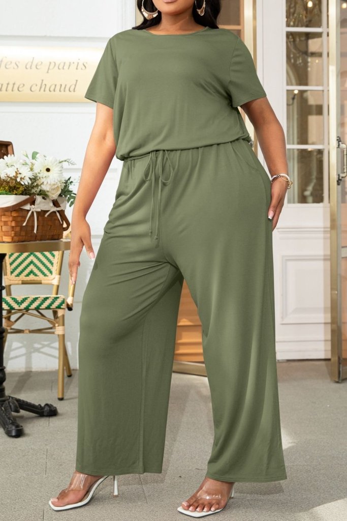 Plus Size Drawstring Waist Short Sleeve Jumpsuit - Forest by Trendsi from FREYA’S CLOSET