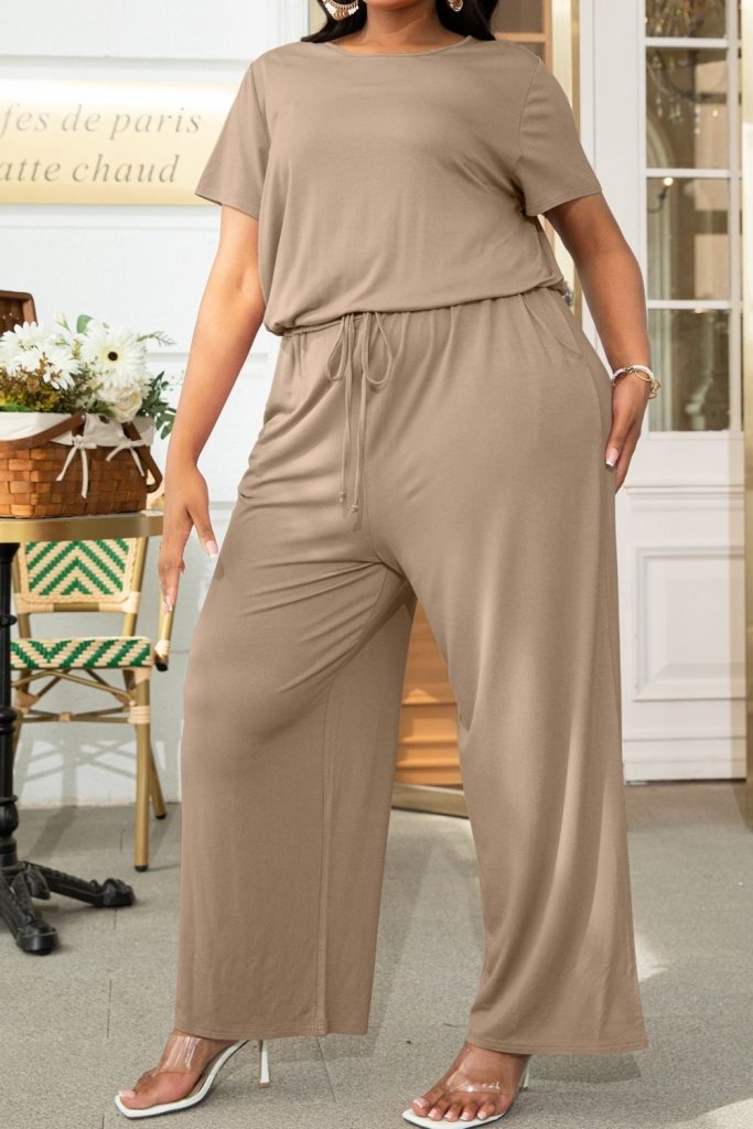 Plus Size Drawstring Waist Short Sleeve Jumpsuit - Forest by Trendsi from FREYA’S CLOSET