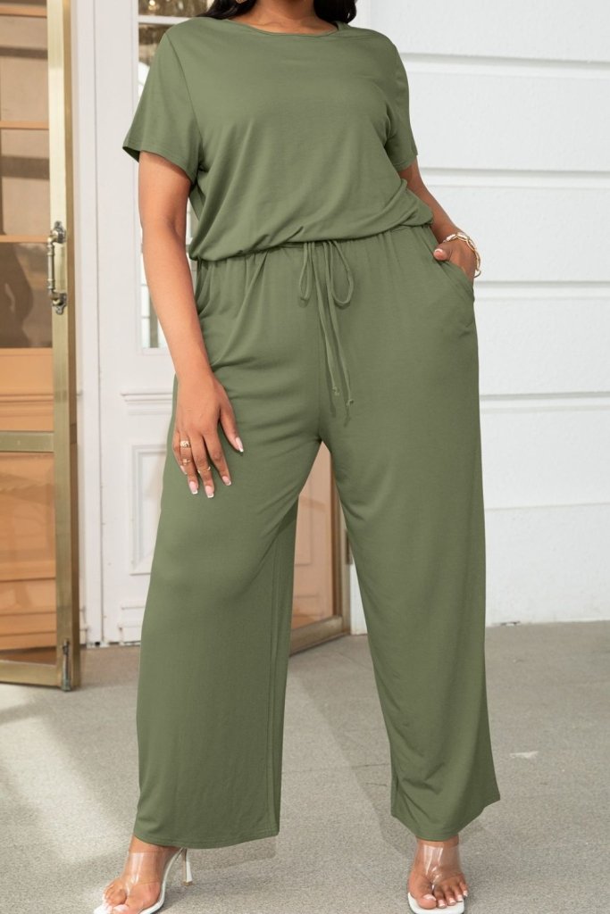 Plus Size Drawstring Waist Short Sleeve Jumpsuit - Forest by Trendsi from FREYA’S CLOSET
