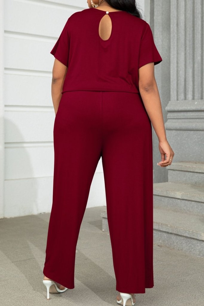 Plus Size Drawstring Waist Short Sleeve Jumpsuit - Forest by Trendsi from FREYA’S CLOSET