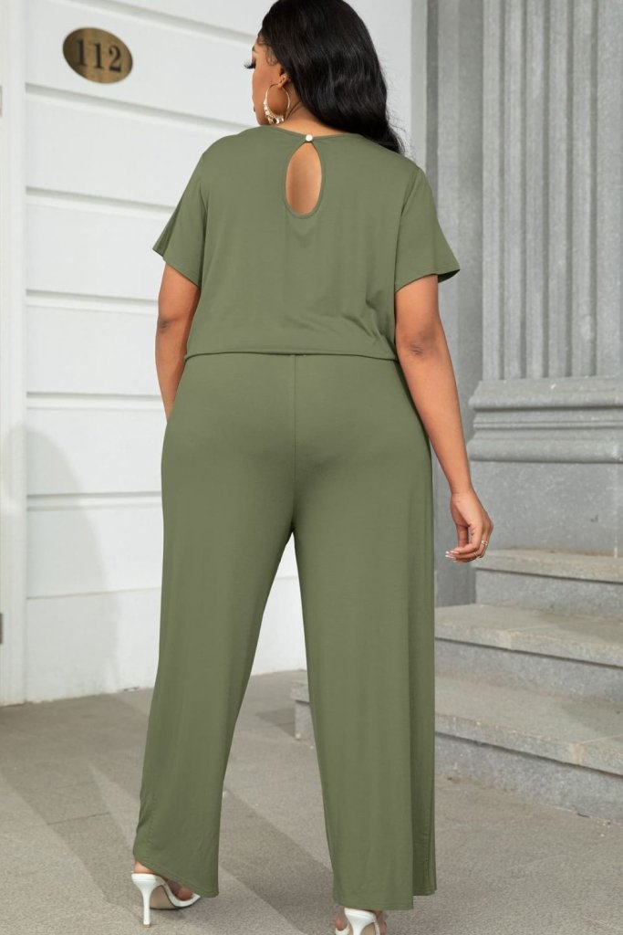 Plus Size Drawstring Waist Short Sleeve Jumpsuit - Forest by Trendsi from FREYA’S CLOSET