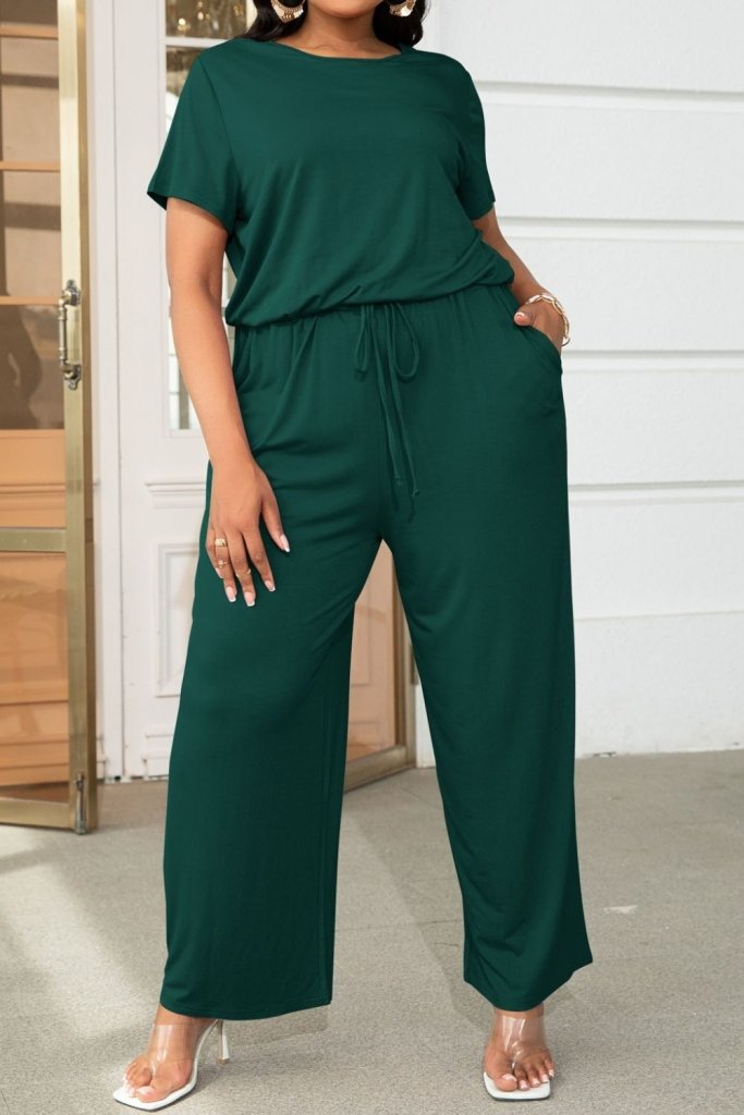 Plus Size Drawstring Waist Short Sleeve Jumpsuit - Forest by Trendsi from FREYA’S CLOSET