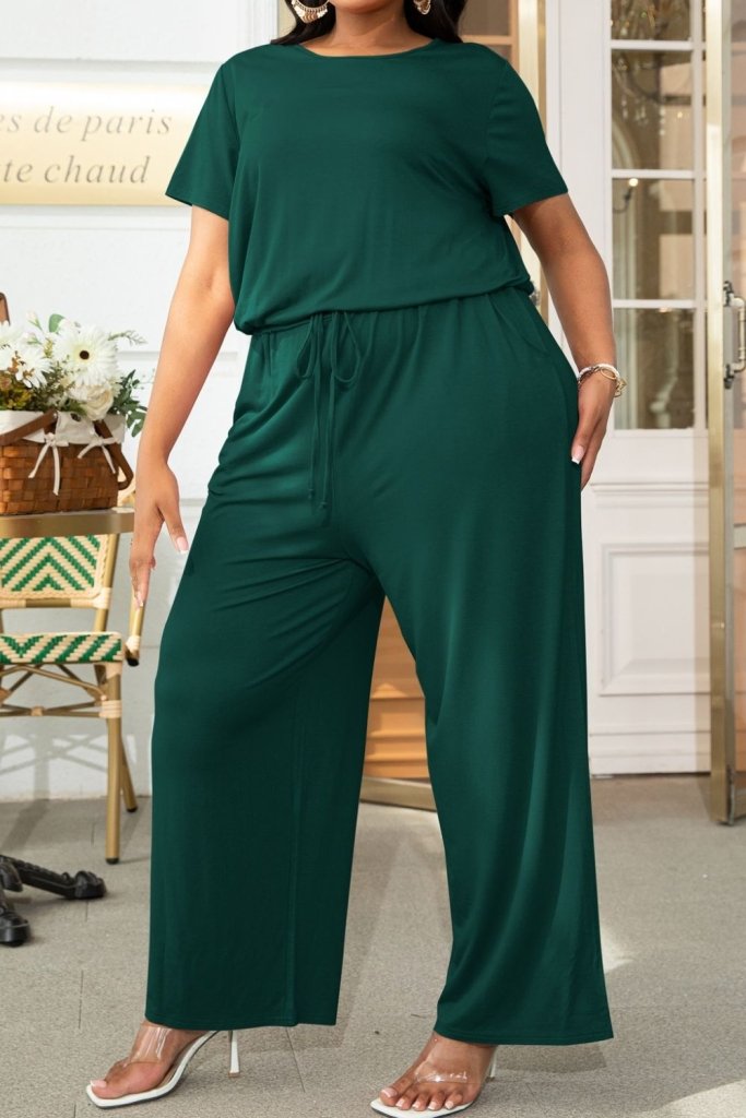Plus Size Drawstring Waist Short Sleeve Jumpsuit - Forest by Trendsi from FREYA’S CLOSET