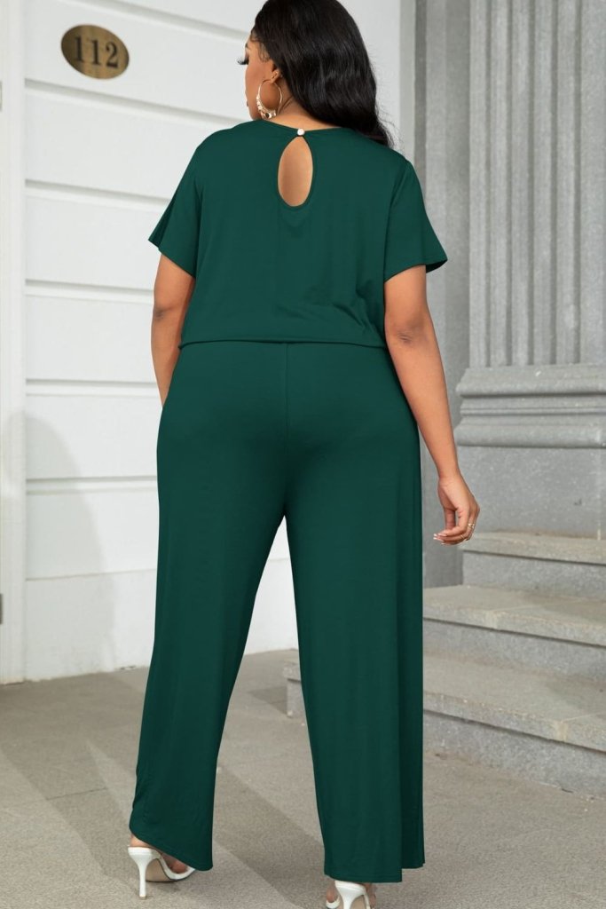 Plus Size Drawstring Waist Short Sleeve Jumpsuit - Forest by Trendsi from FREYA’S CLOSET