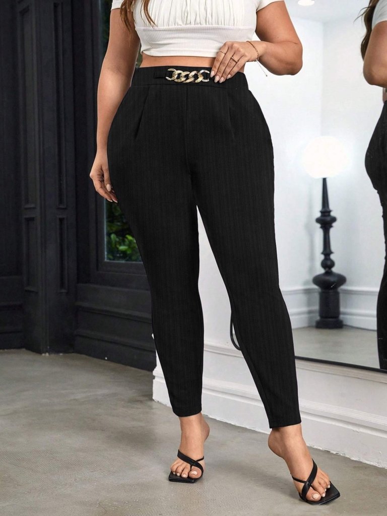 Plus Size Elegant Chain Decor High Waist Skinny Pants - Black by Trendsi from FREYA’S CLOSET