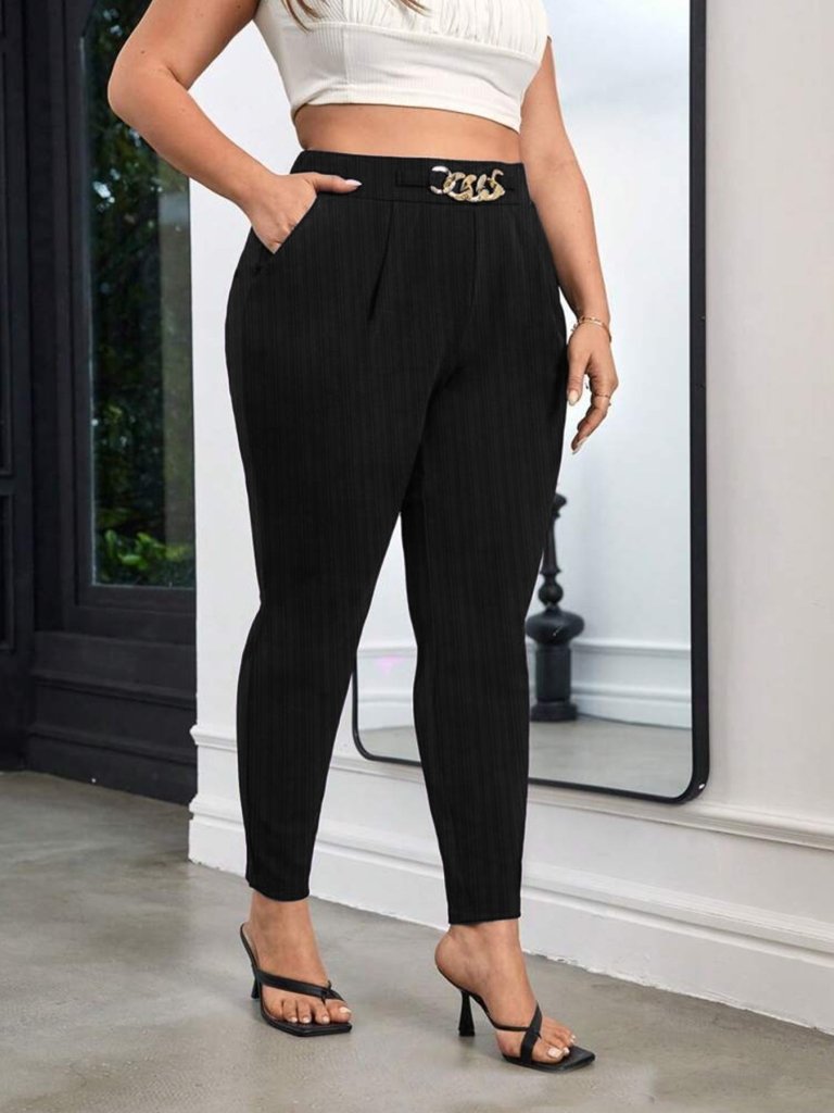 Plus Size Elegant Chain Decor High Waist Skinny Pants - Black by Trendsi from FREYA’S CLOSET