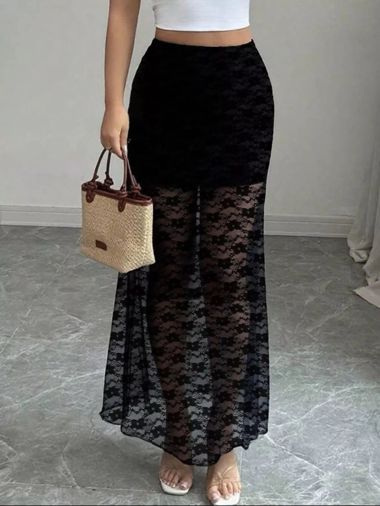 Plus Size Elegant Lace Mermaid Sheer Skirt - Black by Trendsi from FREYA’S CLOSET