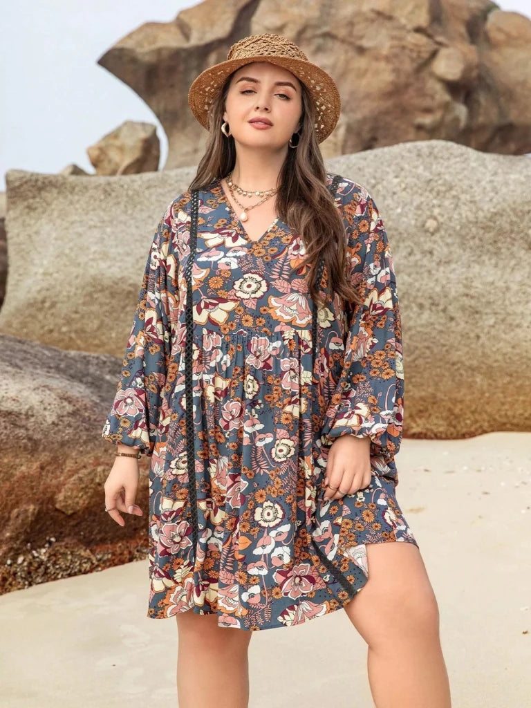 Plus Size Floral Print Long Sleeve Mini Dress - Multicolor by Trendsi from FREYA’S CLOSET