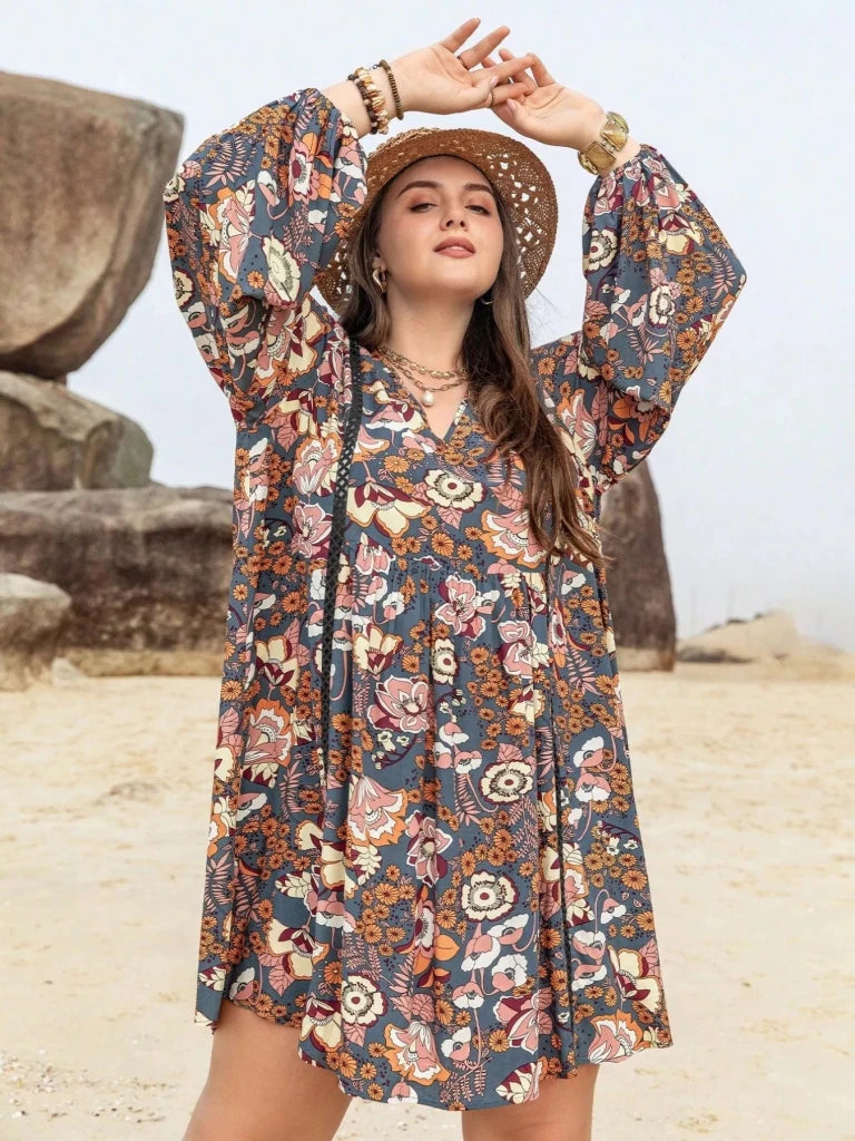 Plus Size Floral Print Long Sleeve Mini Dress - Multicolor by Trendsi from FREYA’S CLOSET