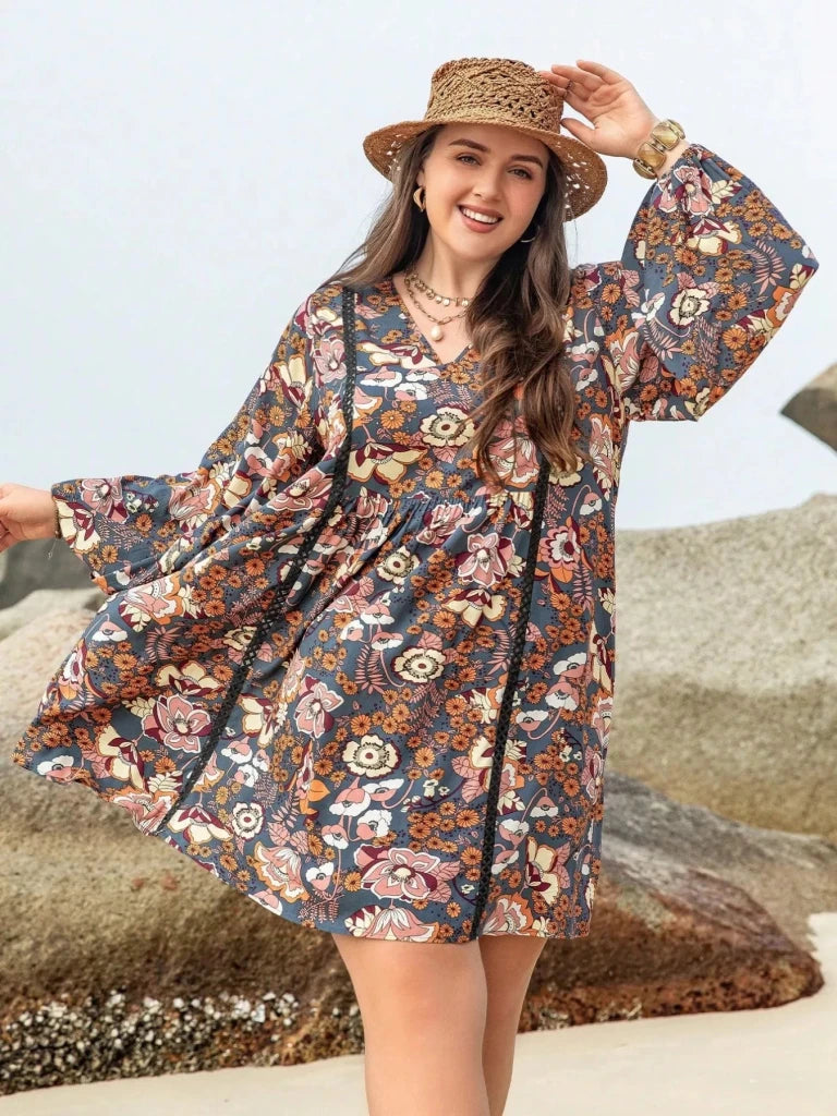 Plus Size Floral Print Long Sleeve Mini Dress - Multicolor by Trendsi from FREYA’S CLOSET