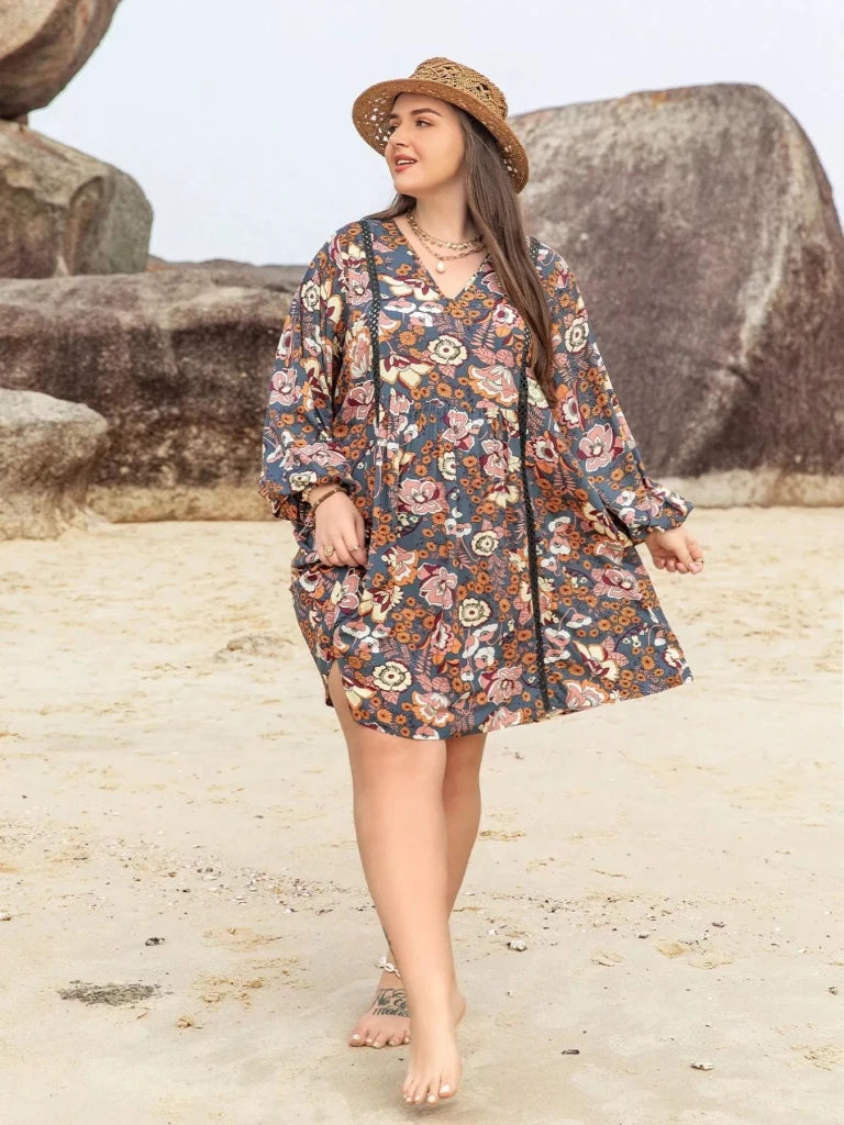 Plus Size Floral Print Long Sleeve Mini Dress - Multicolor by Trendsi from FREYA’S CLOSET