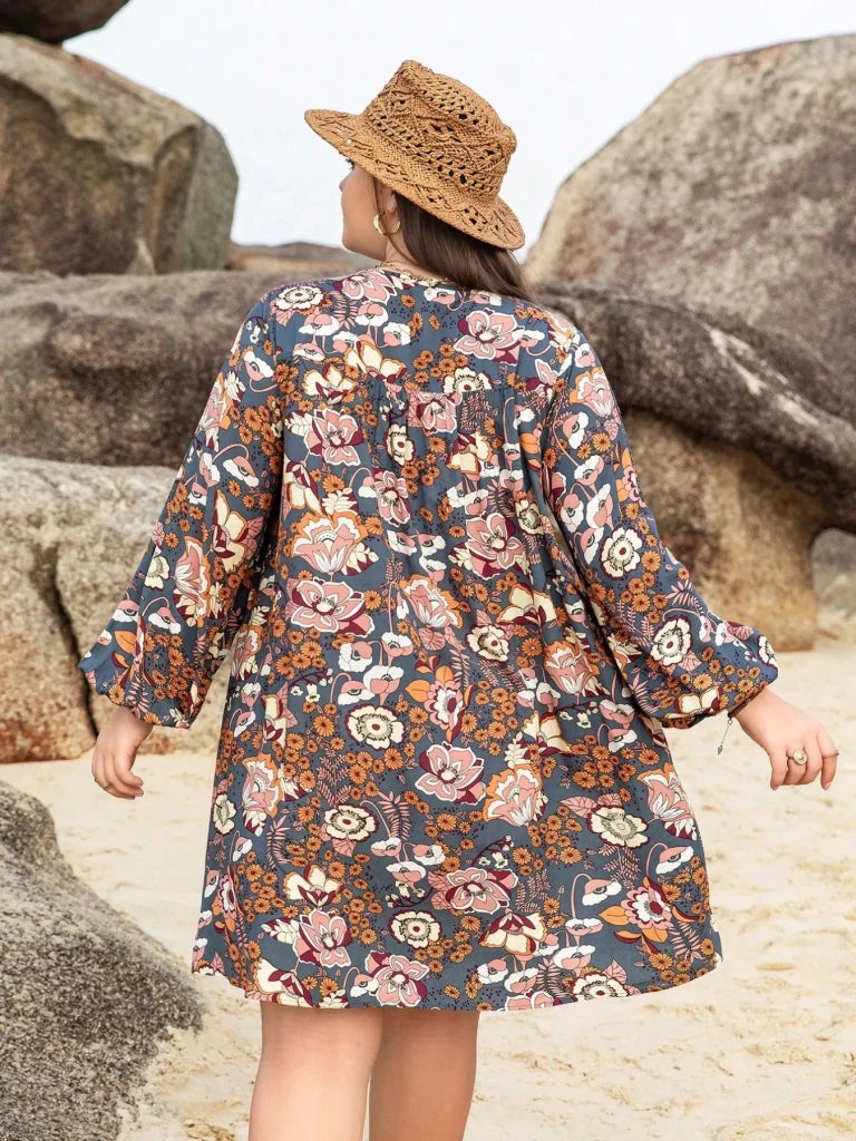 Plus Size Floral Print Long Sleeve Mini Dress - Multicolor by Trendsi from FREYA’S CLOSET