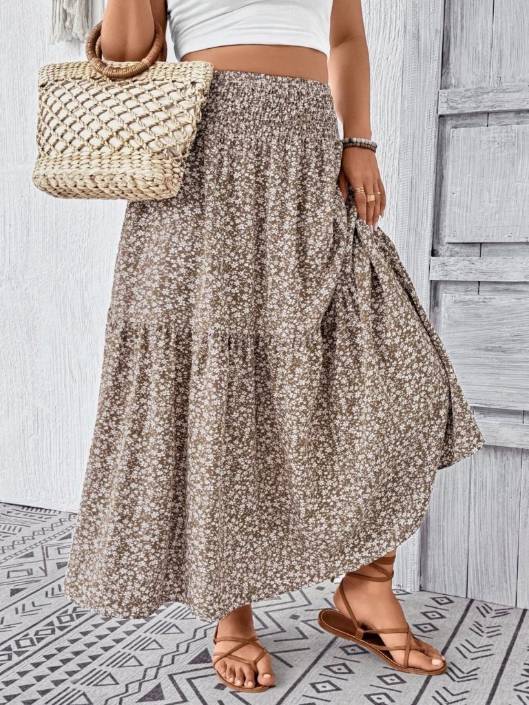 Plus Size Floral Print Tiered Skirt - Mocha by Trendsi from FREYA’S CLOSET