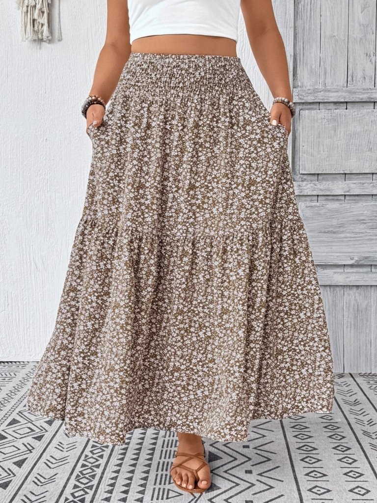 Plus Size Floral Print Tiered Skirt - Mocha by Trendsi from FREYA’S CLOSET