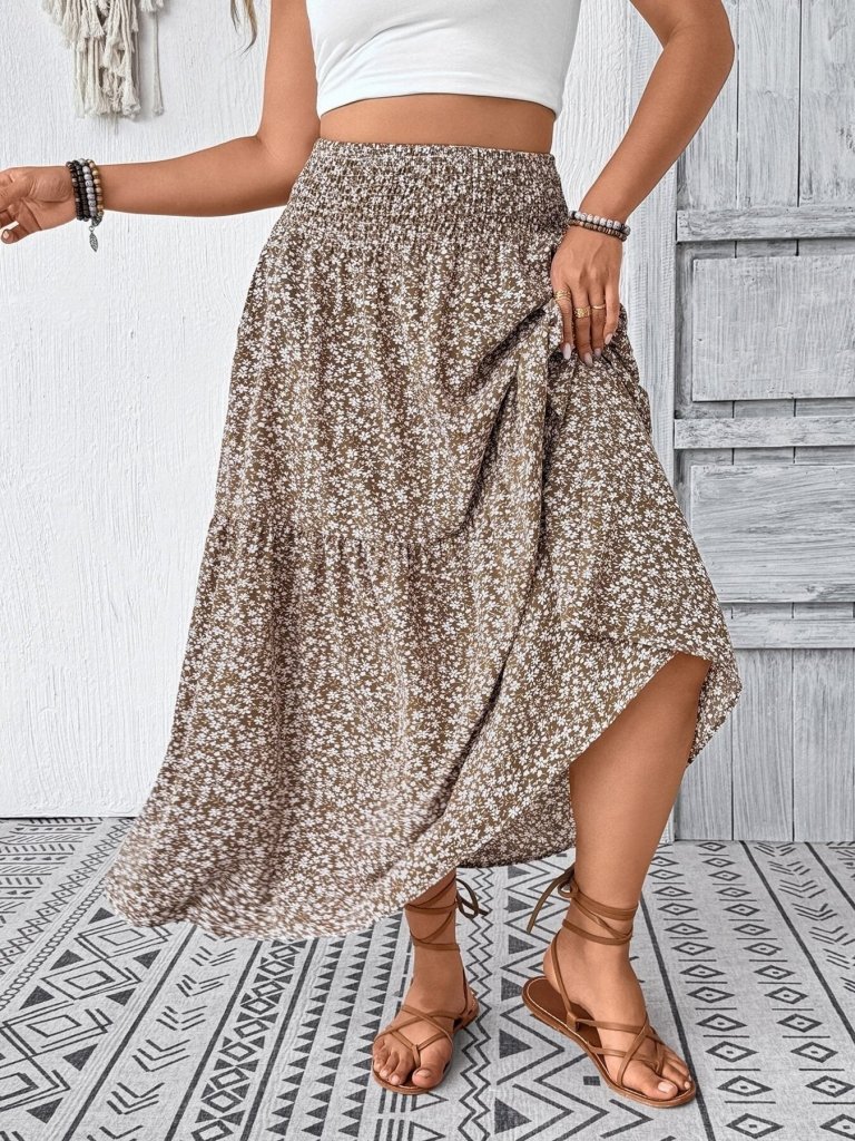 Plus Size Floral Print Tiered Skirt - Mocha by Trendsi from FREYA’S CLOSET