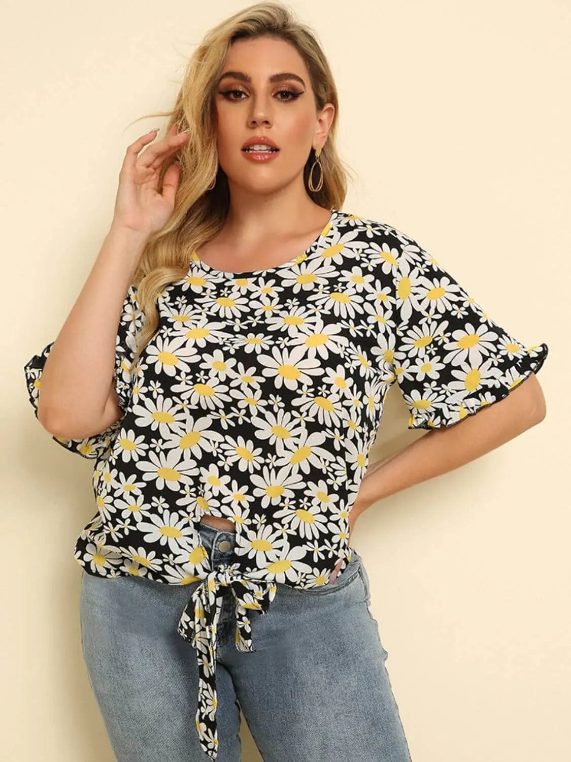 Trendsi Shirts and Blouse Floral / XL Plus Size Floral Round Neck Tie Hem Blouse