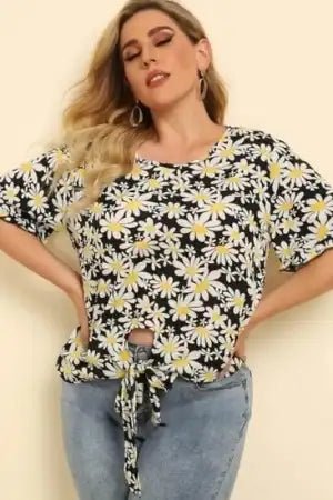 Plus Size Floral Round Neck Tie Hem Blouse - Floral by Trendsi from FREYA’S CLOSET