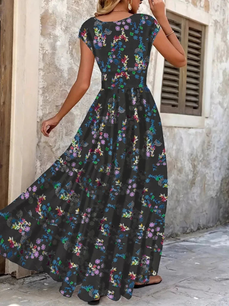 Plus Size Floral V - Neck Cap Sleeve Maxi Dress - Dark Blue by Trendsi from FREYA’S CLOSET