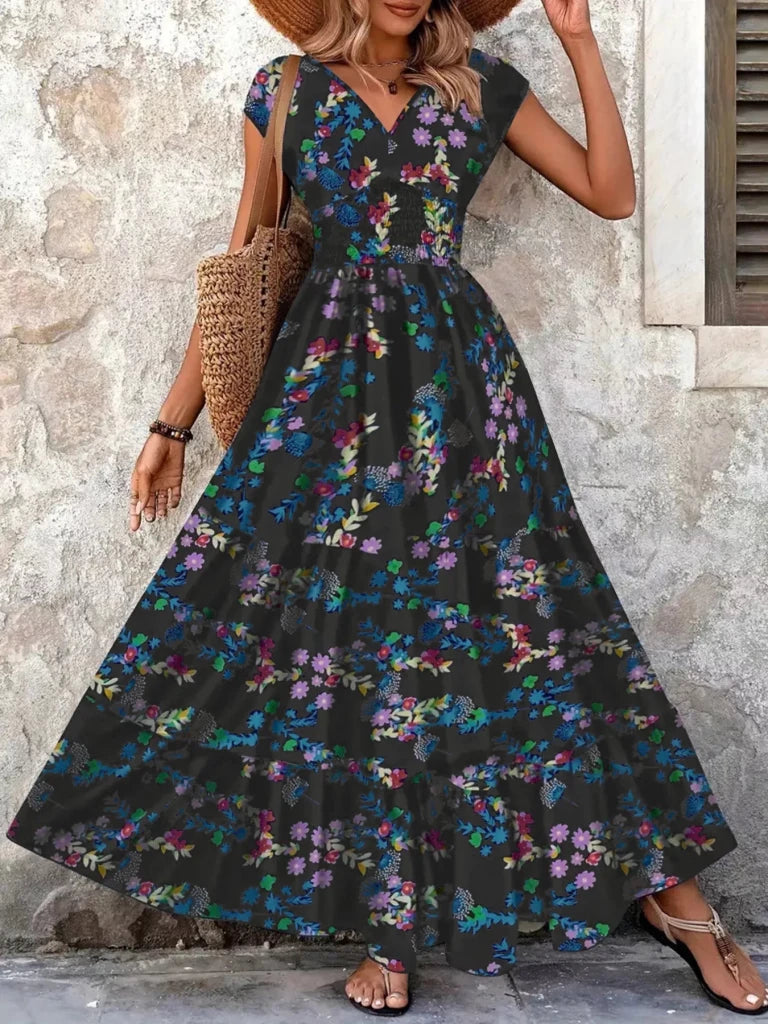 Plus Size Floral V - Neck Cap Sleeve Maxi Dress - Dark Blue by Trendsi from FREYA’S CLOSET