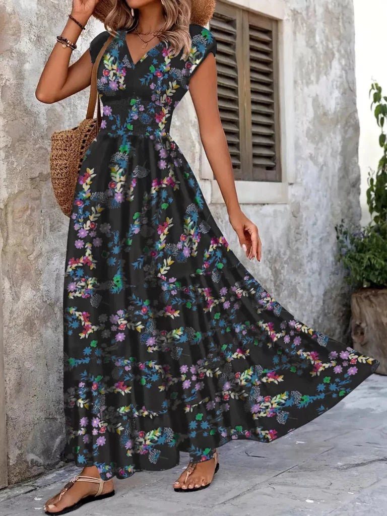 Plus Size Floral V - Neck Cap Sleeve Maxi Dress - Dark Blue by Trendsi from FREYA’S CLOSET