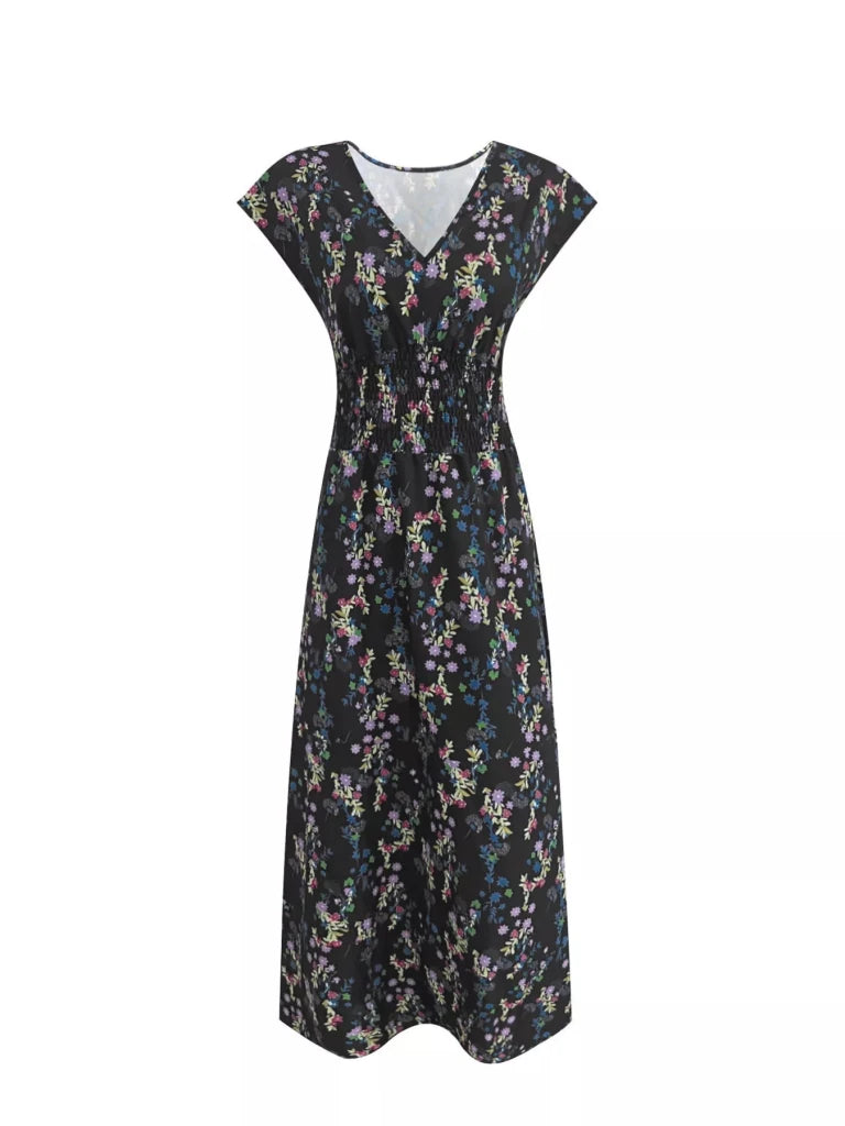 Plus Size Floral V - Neck Cap Sleeve Maxi Dress - Dark Blue by Trendsi from FREYA’S CLOSET