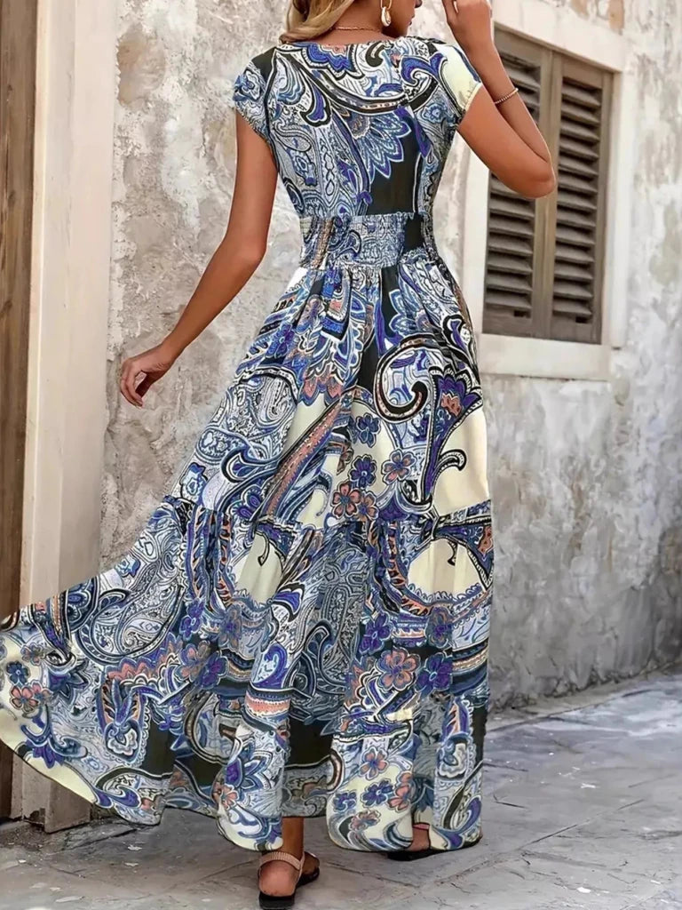 Plus Size Floral V - Neck Cap Sleeve Maxi Dress - Light Blue by Trendsi from FREYA’S CLOSET