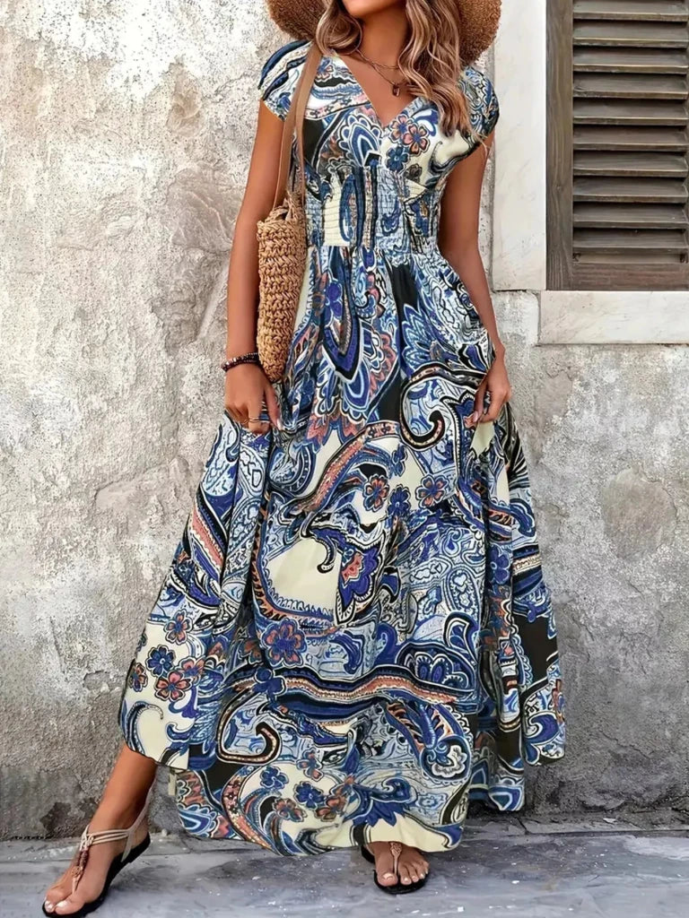 Plus Size Floral V - Neck Cap Sleeve Maxi Dress - Light Blue by Trendsi from FREYA’S CLOSET