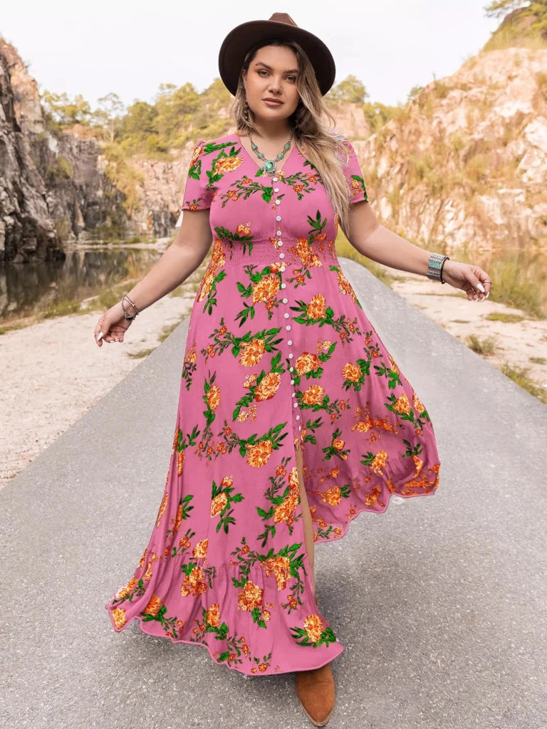 Plus Size Floral V - Neck Short Sleeve Maxi Dress - Fuchsia Pink by Trendsi from FREYA’S CLOSET