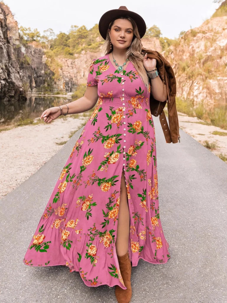 Plus Size Floral V - Neck Short Sleeve Maxi Dress - Fuchsia Pink by Trendsi from FREYA’S CLOSET