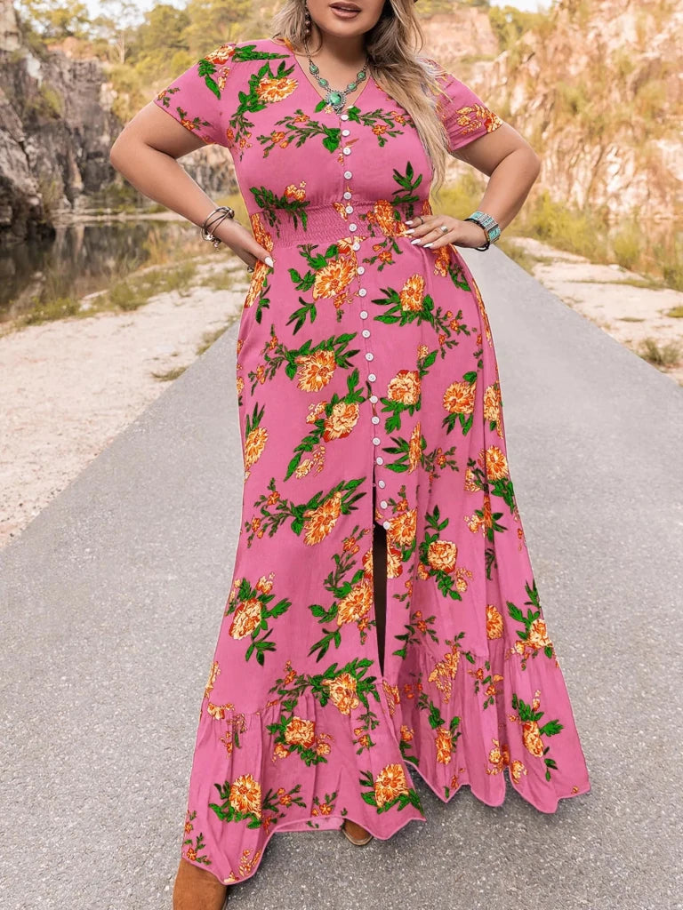 Plus Size Floral V - Neck Short Sleeve Maxi Dress - Fuchsia Pink by Trendsi from FREYA’S CLOSET