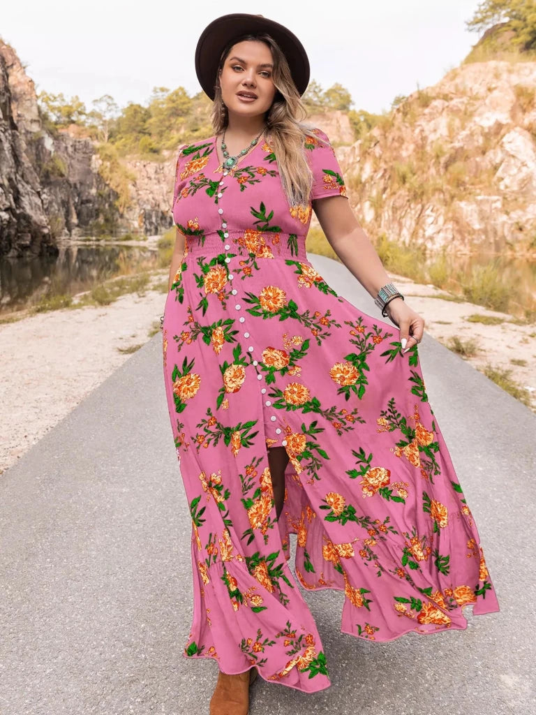 Plus Size Floral V - Neck Short Sleeve Maxi Dress - Fuchsia Pink by Trendsi from FREYA’S CLOSET