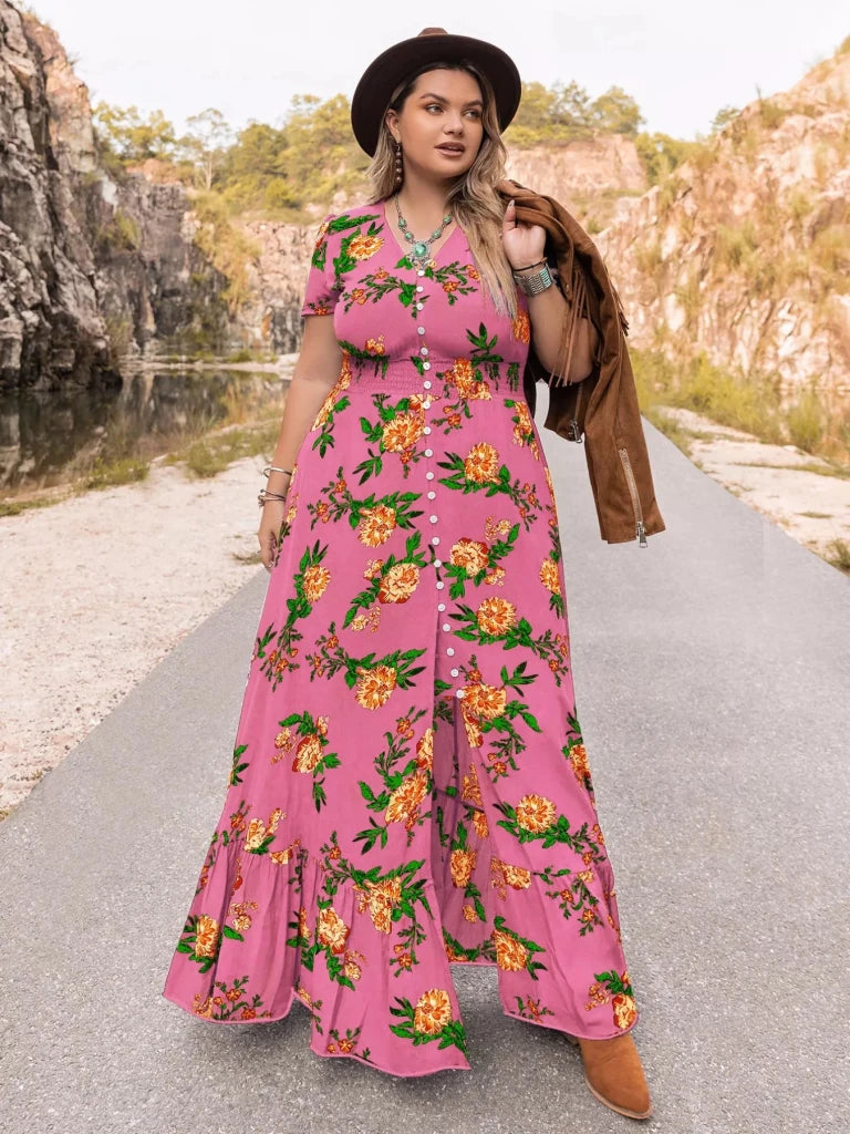 Plus Size Floral V - Neck Short Sleeve Maxi Dress - Fuchsia Pink by Trendsi from FREYA’S CLOSET