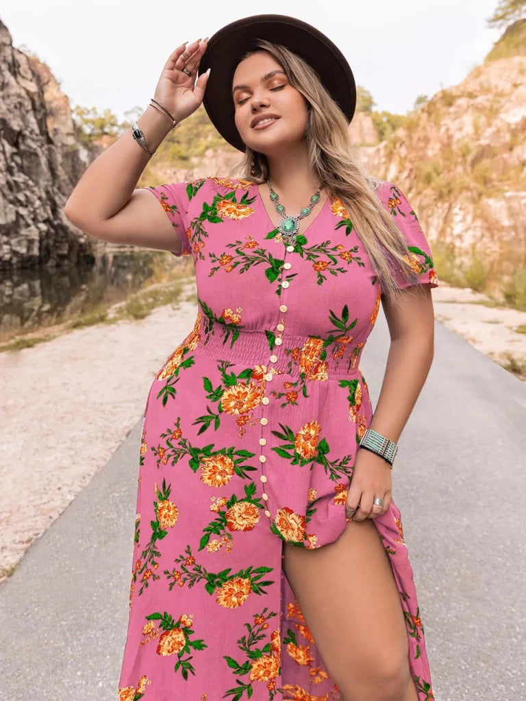 Plus Size Floral V - Neck Short Sleeve Maxi Dress - Fuchsia Pink by Trendsi from FREYA’S CLOSET