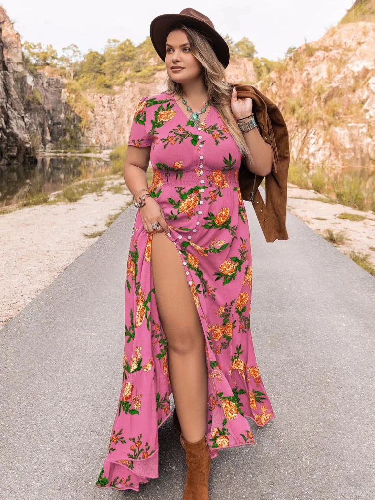 Plus Size Floral V - Neck Short Sleeve Maxi Dress - Fuchsia Pink by Trendsi from FREYA’S CLOSET