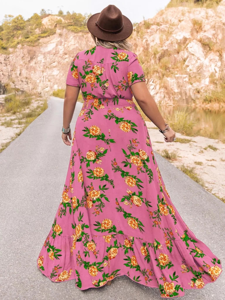Plus Size Floral V - Neck Short Sleeve Maxi Dress - Fuchsia Pink by Trendsi from FREYA’S CLOSET