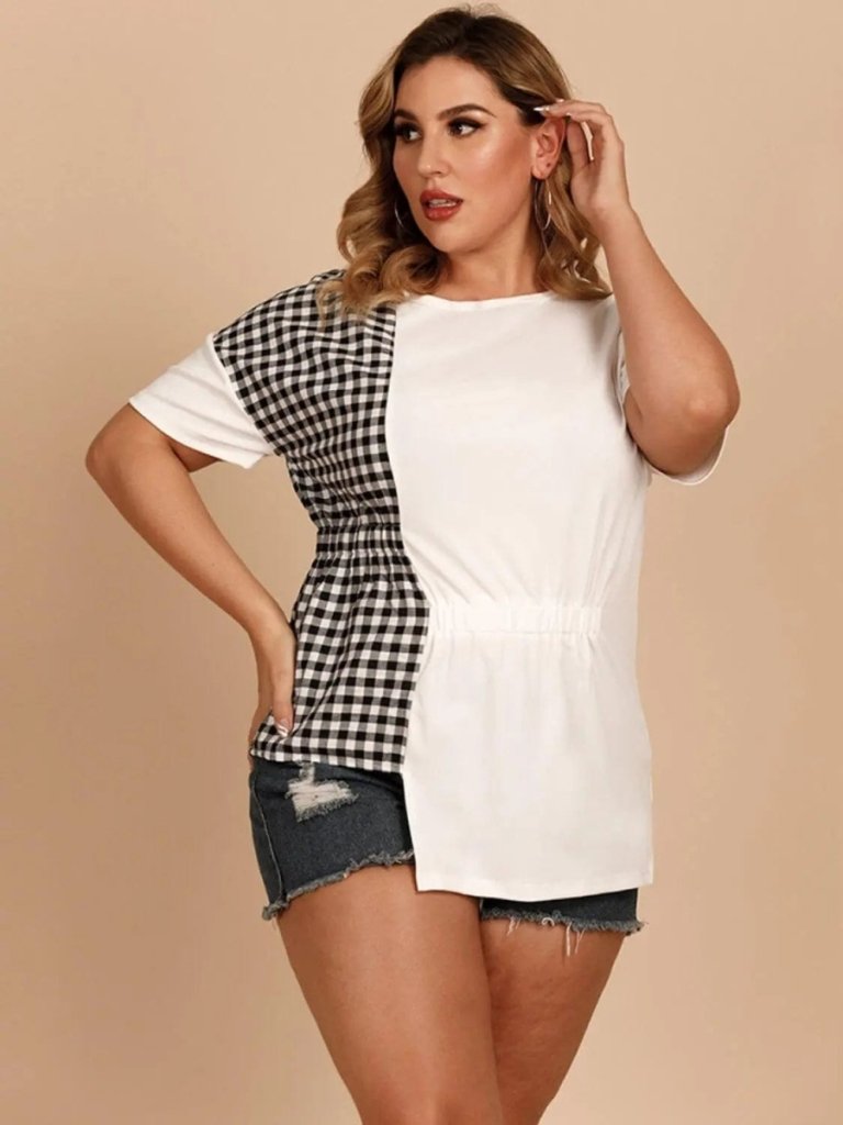 Plus Size Gingham Color Block Asymmetrical T-Shirt - White by Trendsi from FREYA’S CLOSET