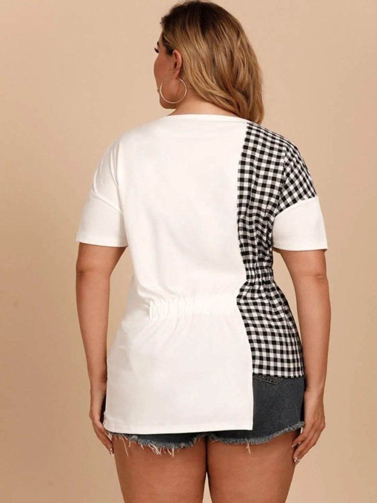 Plus Size Gingham Color Block Asymmetrical T-Shirt - White by Trendsi from FREYA’S CLOSET