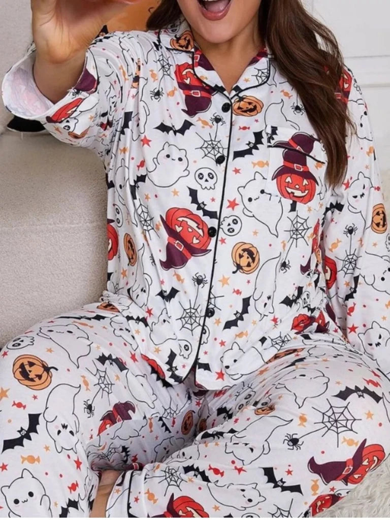 Plus Size Halloween Ghost and Pumpkin Print Top and Pants Lounge Set - White by Trendsi from FREYA’S CLOSET