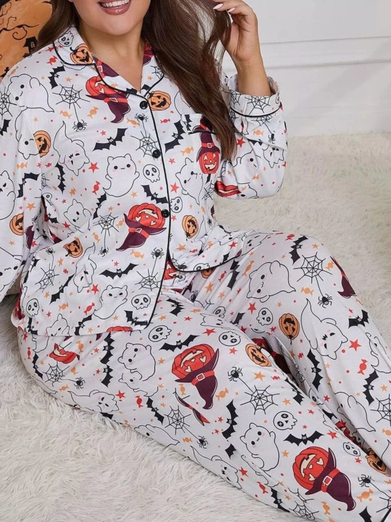 Plus Size Halloween Ghost and Pumpkin Print Top and Pants Lounge Set - White by Trendsi from FREYA’S CLOSET