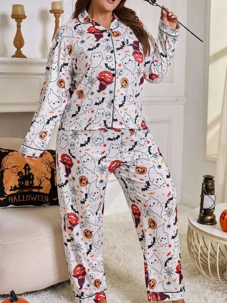 Plus Size Halloween Ghost and Pumpkin Print Top and Pants Lounge Set - White by Trendsi from FREYA’S CLOSET
